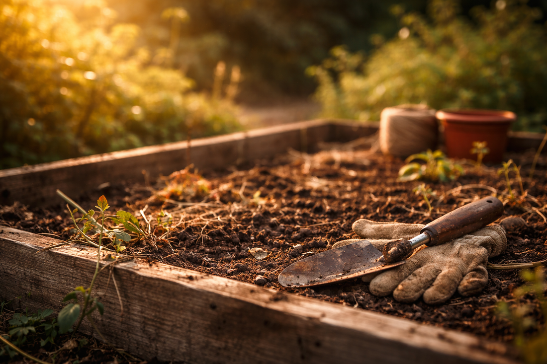 Garden gloves and a shovel in dirt