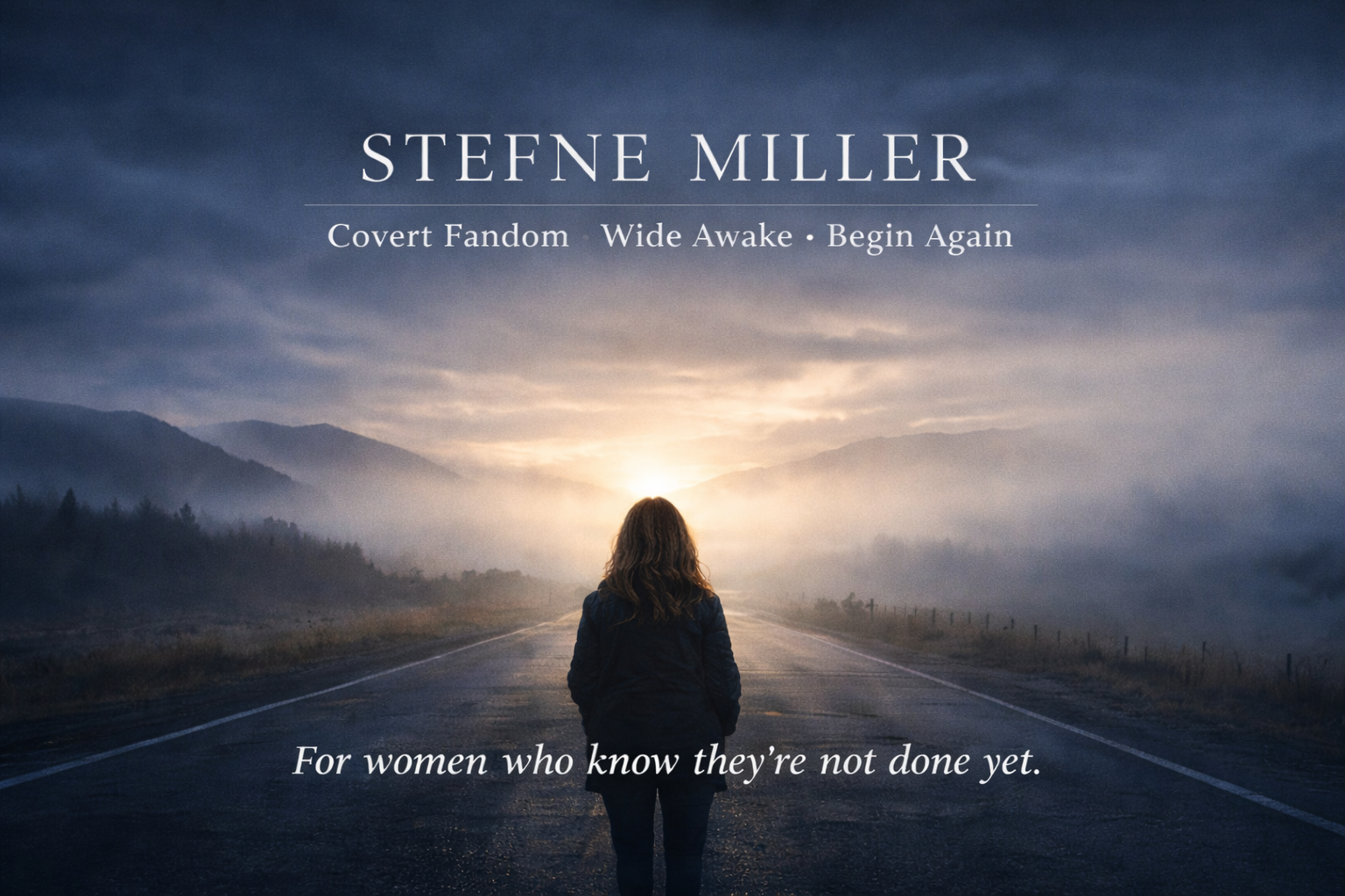 Woman stands on road in mist and looks into a bright future